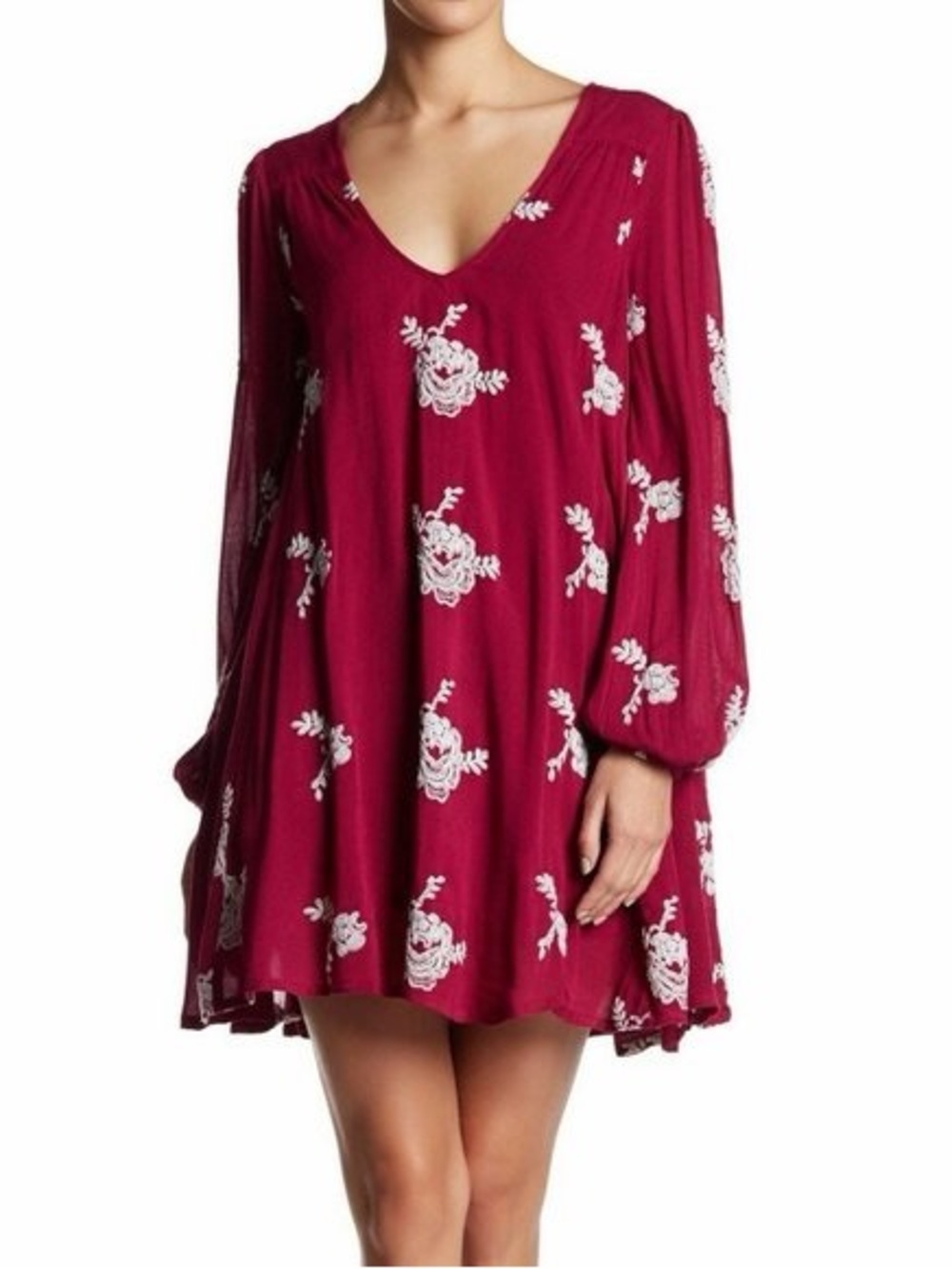 Free People | Burgundy Emma Floral Embroidered Long Sleeve Swing Mini Dress